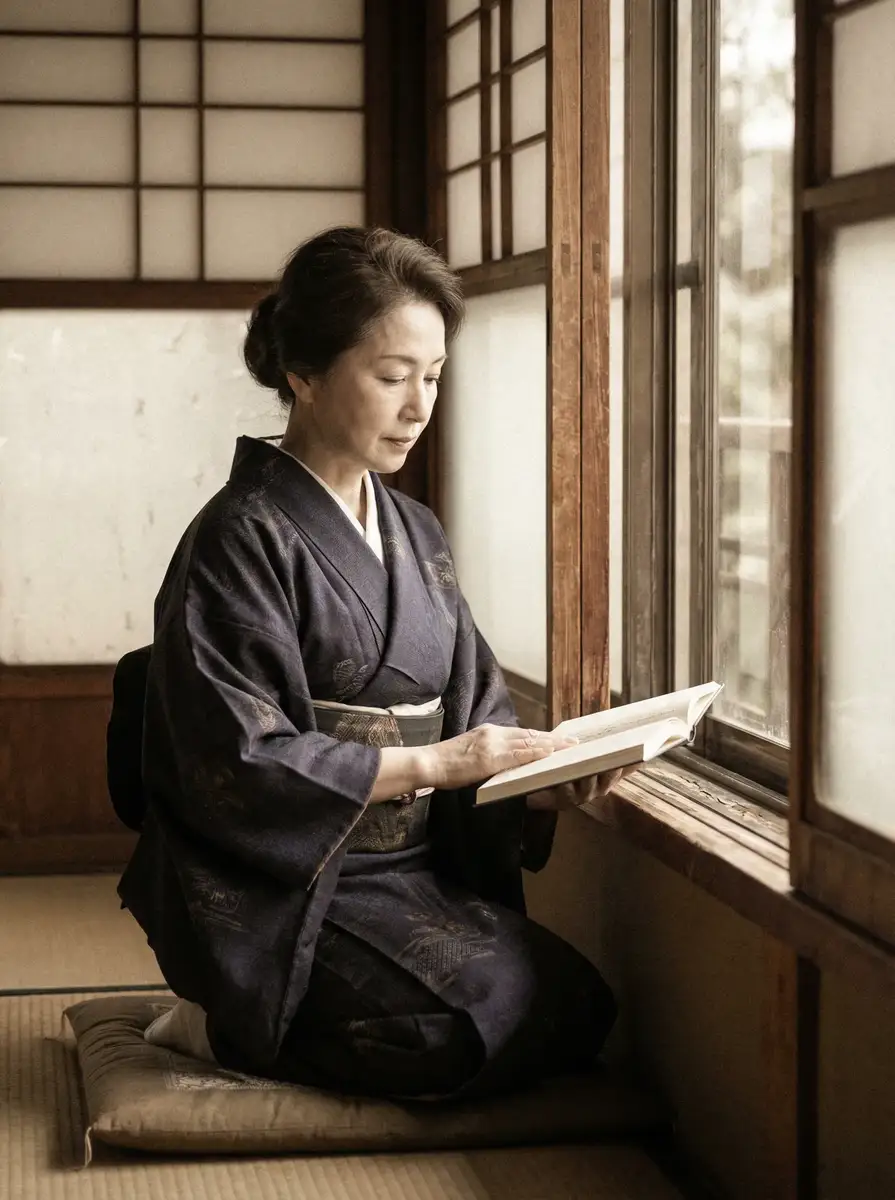 一位优雅的五十岁 小池理奈 身穿深蓝色和服，在窗边静读